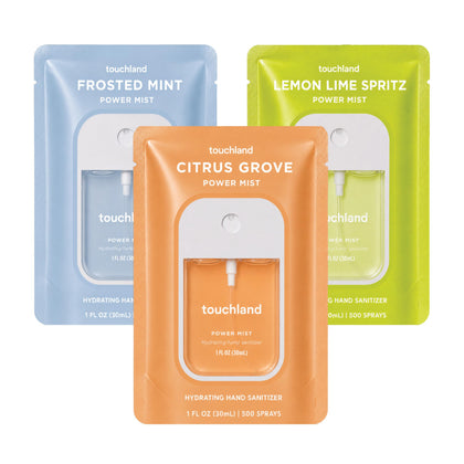 Touchland set de sprays désinfectants hydratants trio frais avec packaging