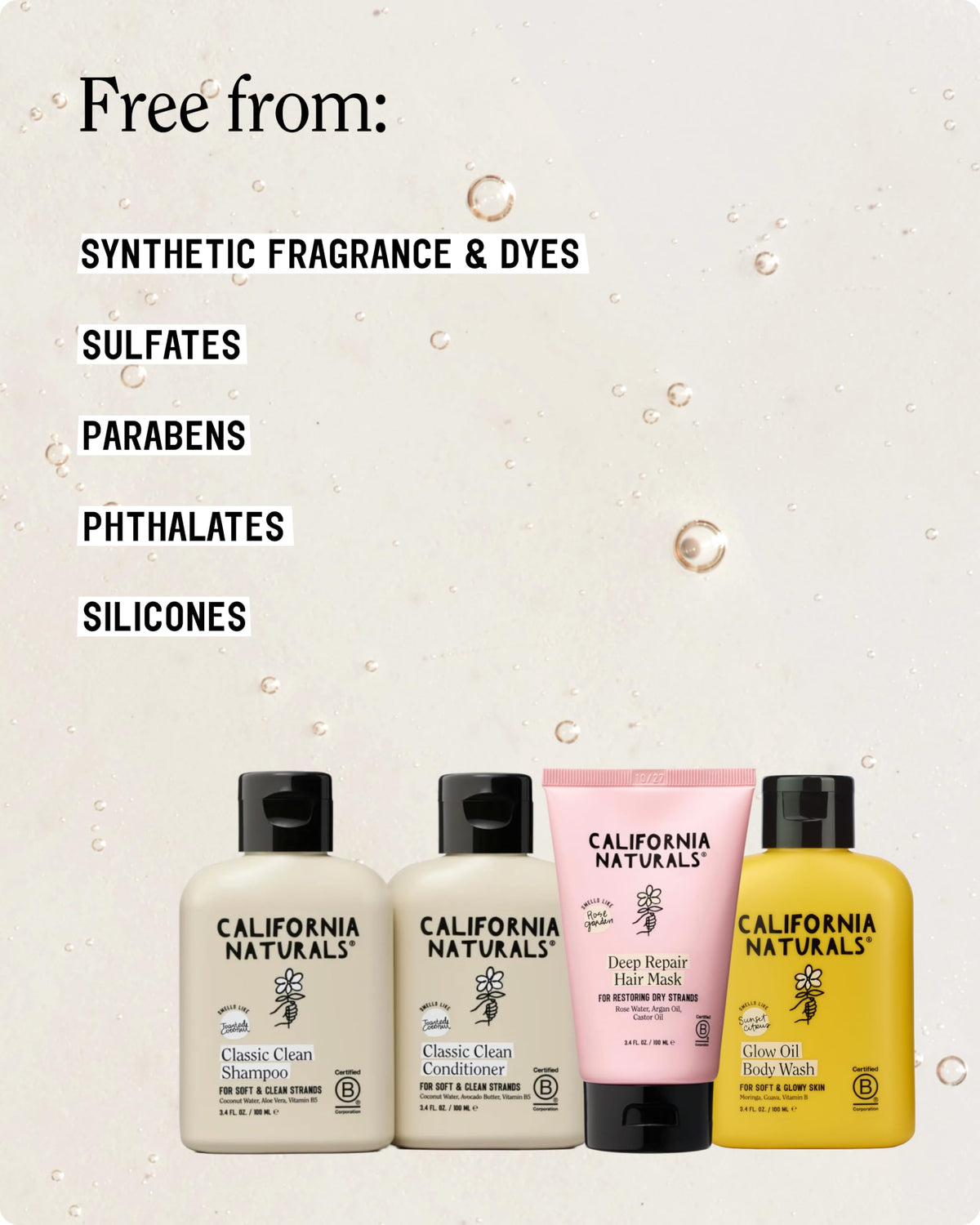 Tous les produits du kit voyage California Naturals sur fond blanc