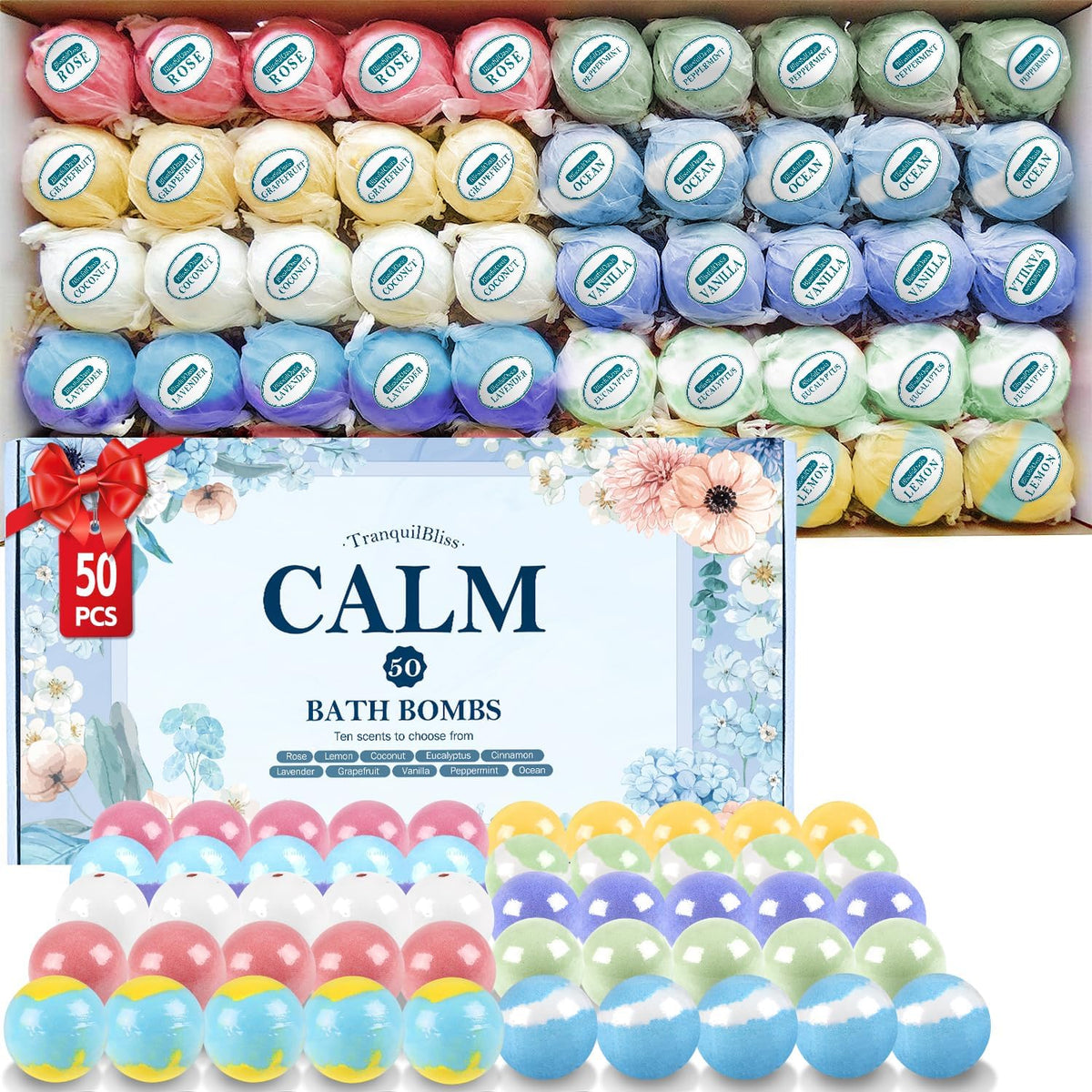 TranquilBliss Bombes de Bain 50 PCS avec emballage coloré