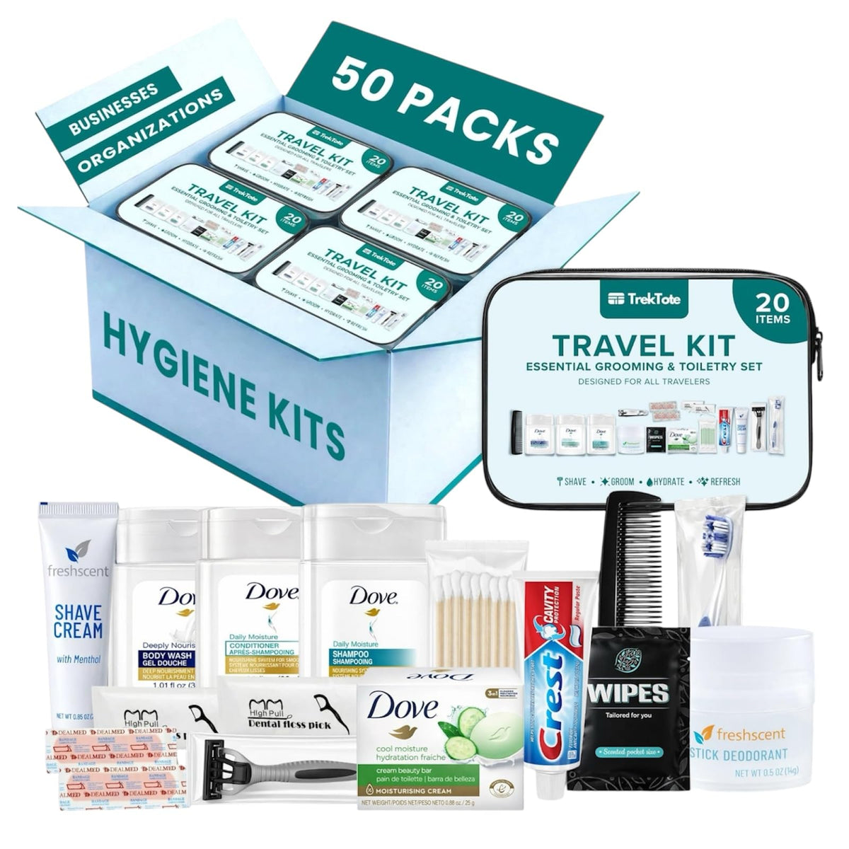 TREKTOTE Kit d'Hygiène Complet 20 Pièces avec mini produits de soins