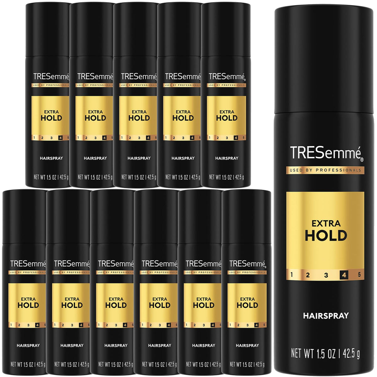TRESemmé Laque de Cheveux Voyage Extra Tenue 12-Pack avant avec pulvérisateurs miniatures