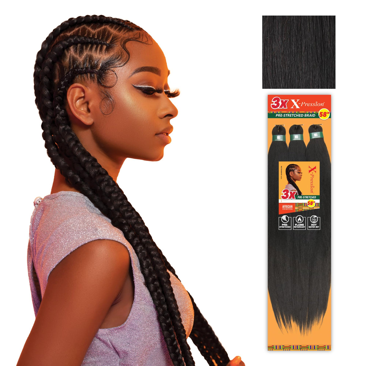 Tresses pré-étirées Sensationnel X-Pression 58in 1B Noir Officiel, vue avant
