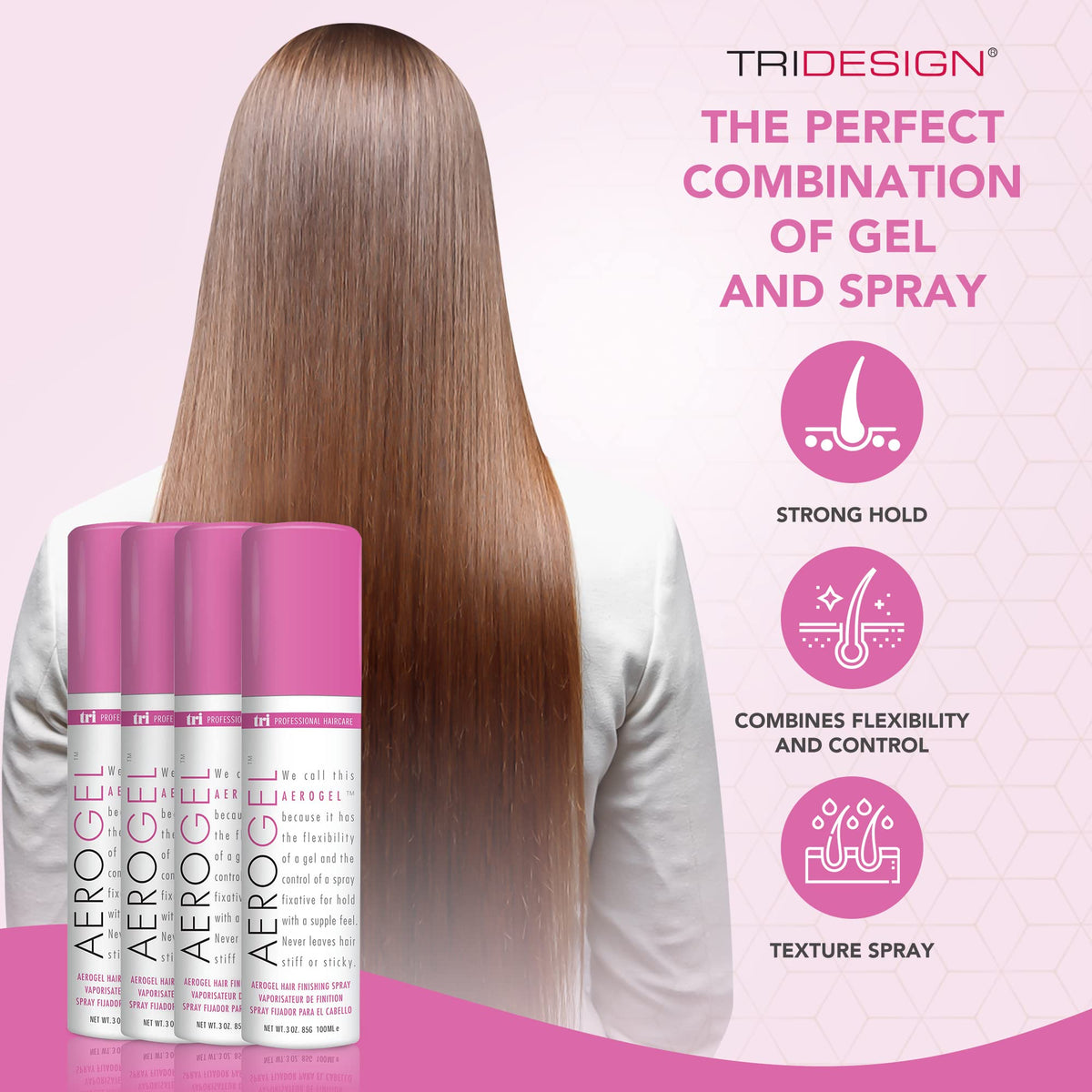 TRIDESIGN Aerogel Spray Fixatif Volumisant 3 oz en utilisation sur cheveux