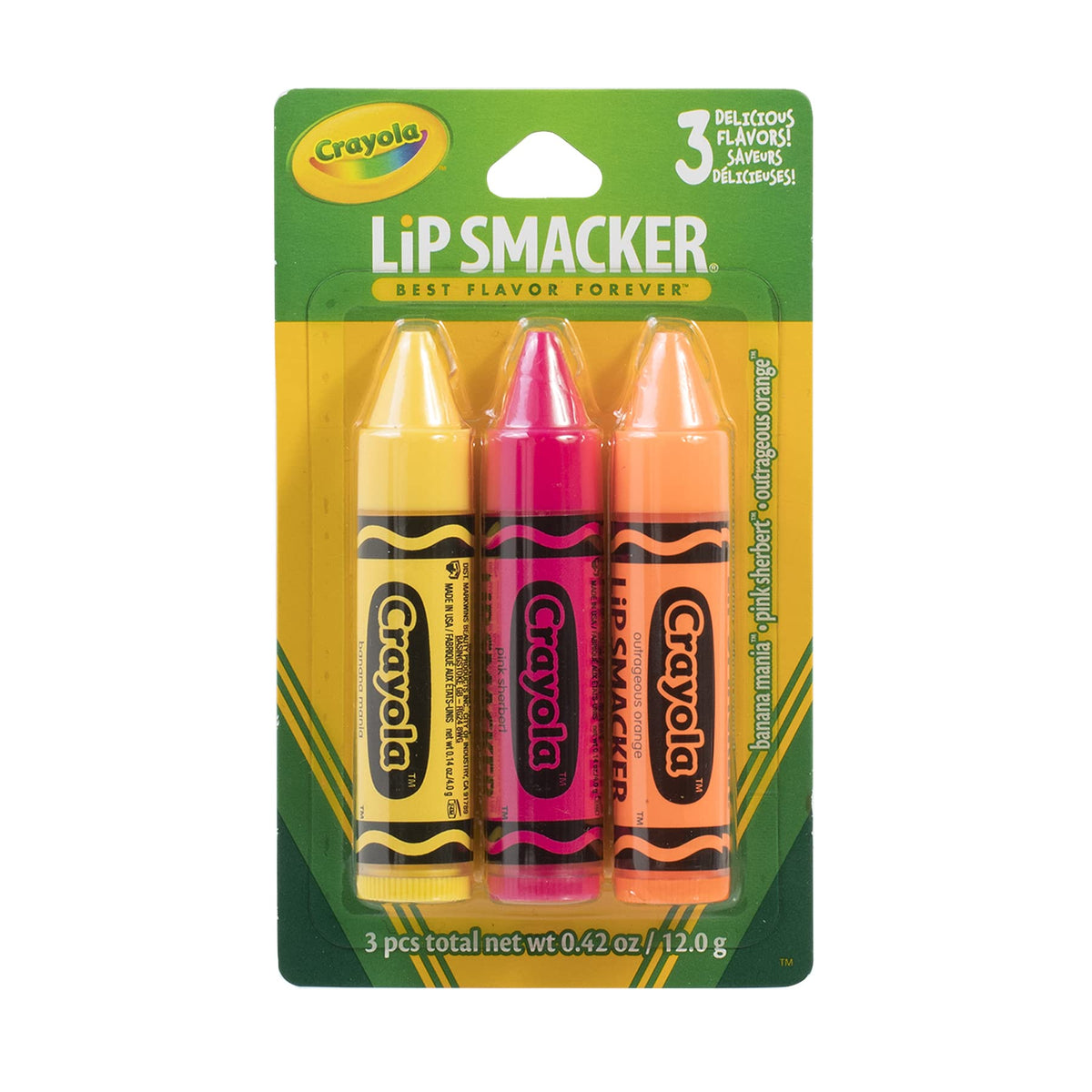 Trio de baumes à lèvres Lip Smacker Crayon avec saveurs Banane, Rose et Orange