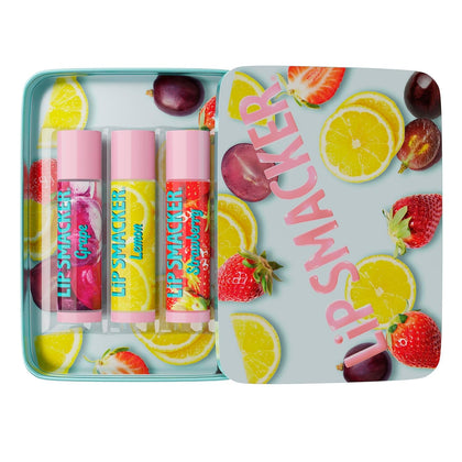 Trio de baumes à lèvres Lip Smacker Grape, Lemon, Strawberry dans une boîte