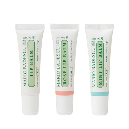 Trio de baumes à lèvres Mario Badescu, vue avant, incluant menthe, rose et original