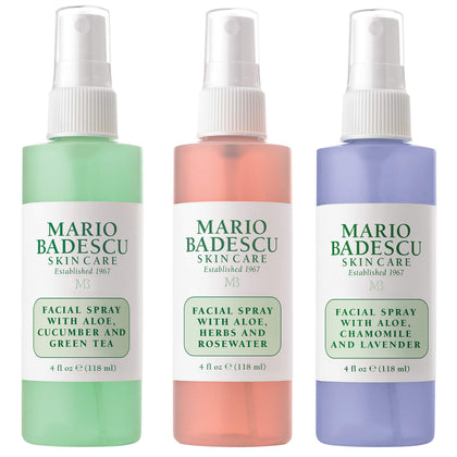 Trio de brumes visage Mario Badescu avec flacons en rose, vert et violet