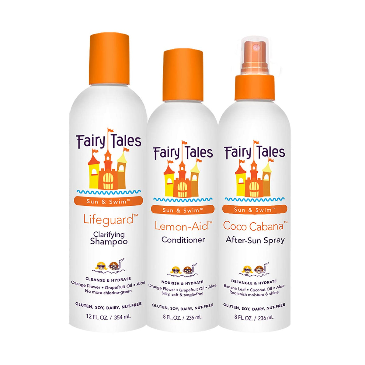 Trio de soins capillaires Fairy Tales incluant shampooing, après-shampooing et spray