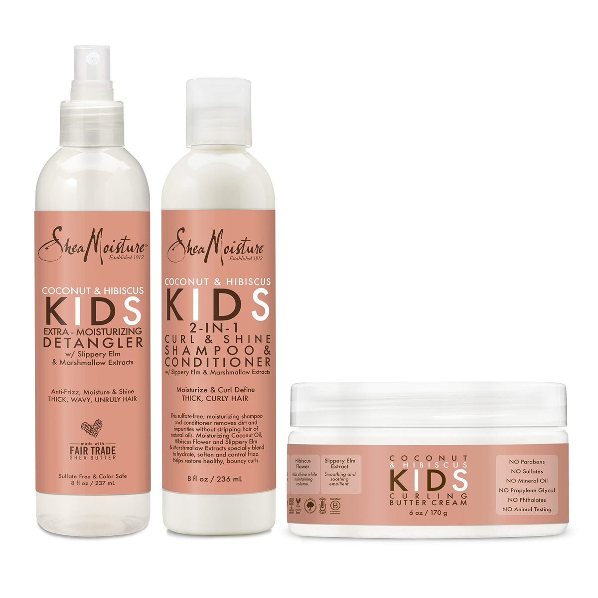 Trio Shea Moisture Kids avec shampoing, démêlant et crème coiffante