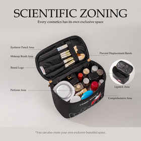 Trousse de maquillage AmBealla posée sur une table avec des produits de beauté