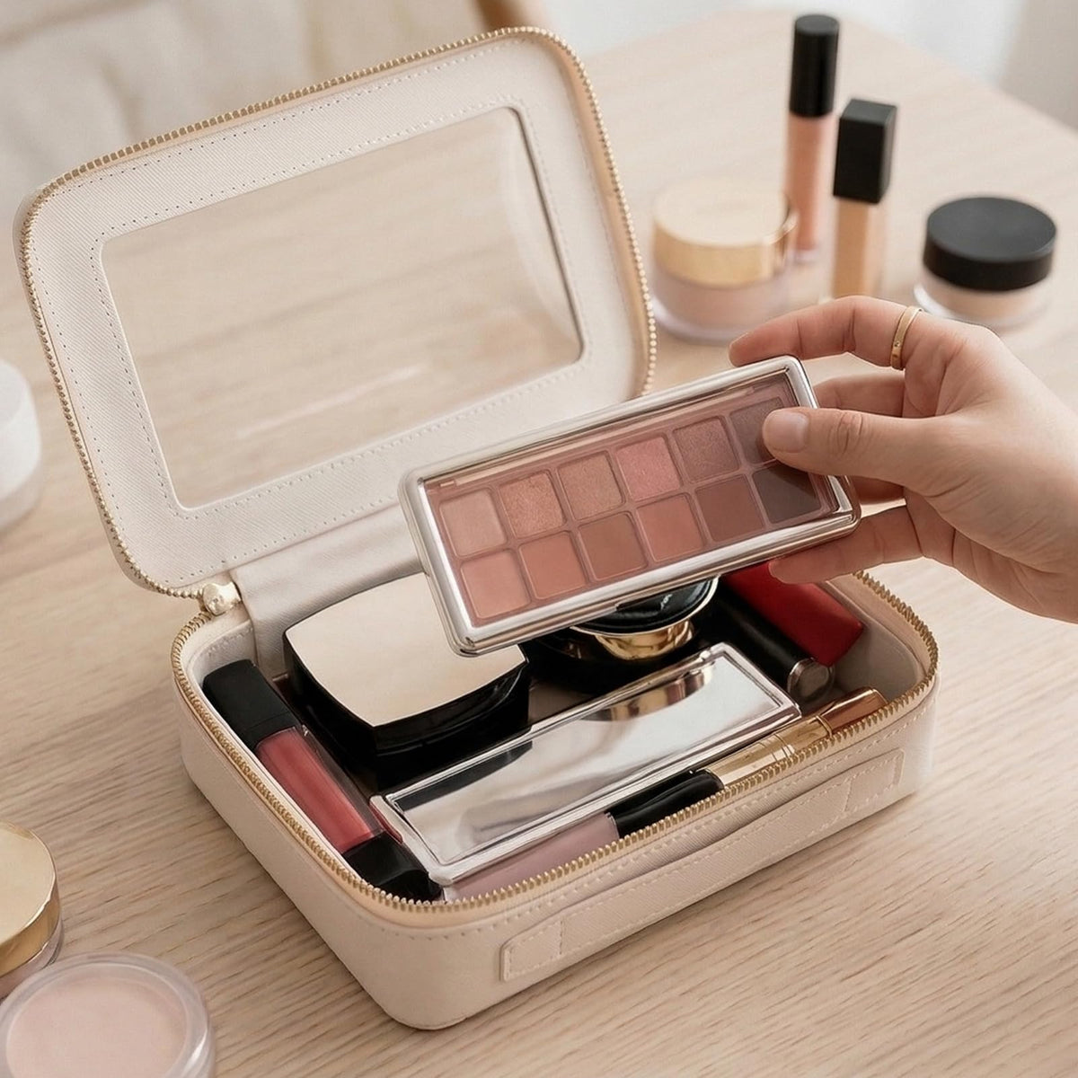 Trousse de maquillage Aveniee en situation de voyage