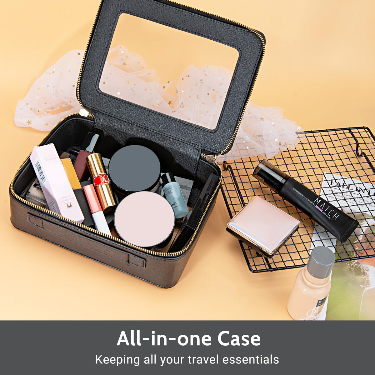 Trousse de maquillage Aveniee sur une table, avec accessoires de beauté