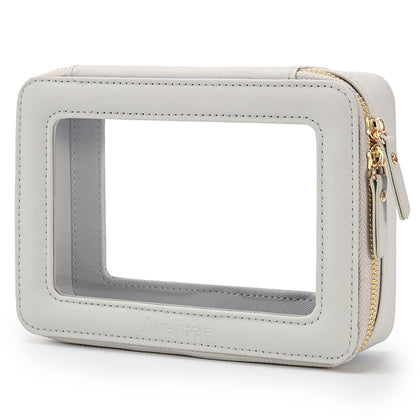 Trousse de maquillage Aveniee transparente vue de face en cuir synthétique bleu