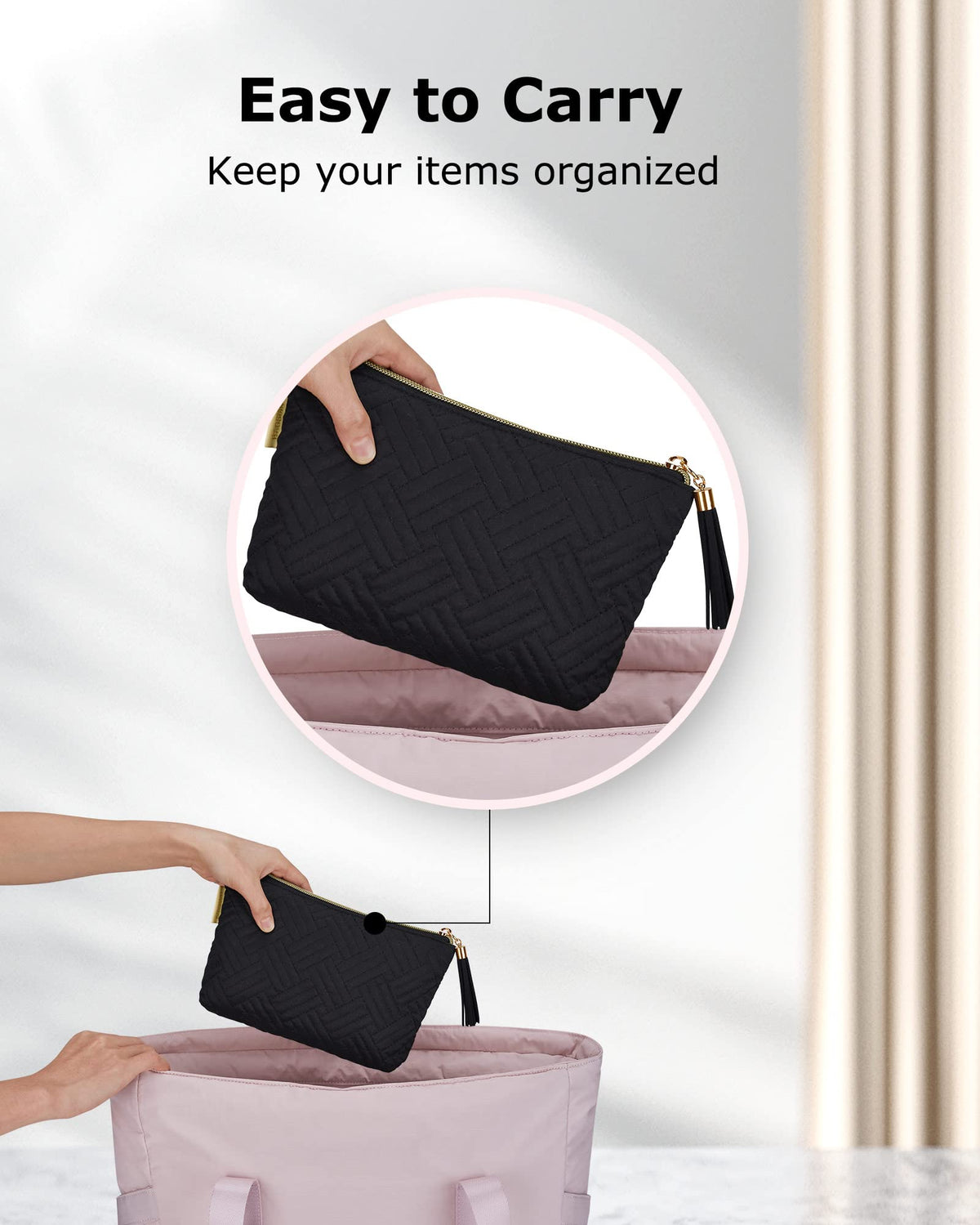 Trousse de maquillage BAGSMART à côté d'un sac à main pour échelle