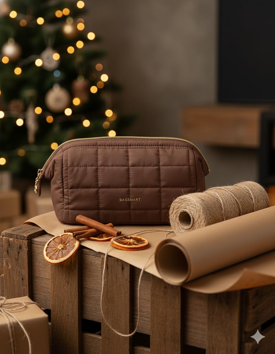 Trousse de maquillage BAGSMART chocolat ouverte avec accessoires