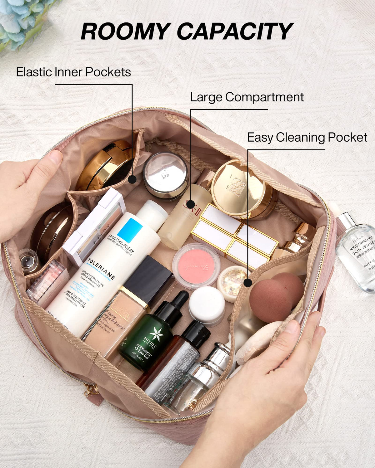 Trousse de maquillage BAGSMART rose avec poignée en cuir
