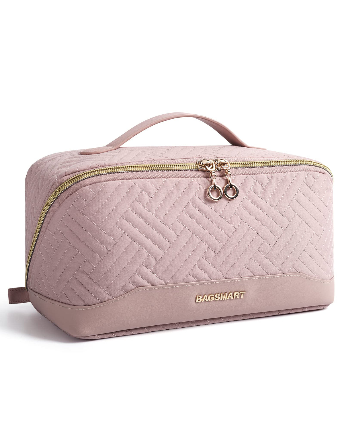 Trousse de maquillage BAGSMART rose vue de face avec fermeture éclair ouverte