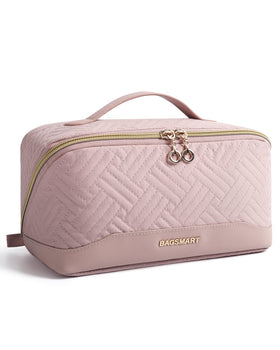 Trousse de maquillage BAGSMART rose vue de face avec fermeture éclair ouverte