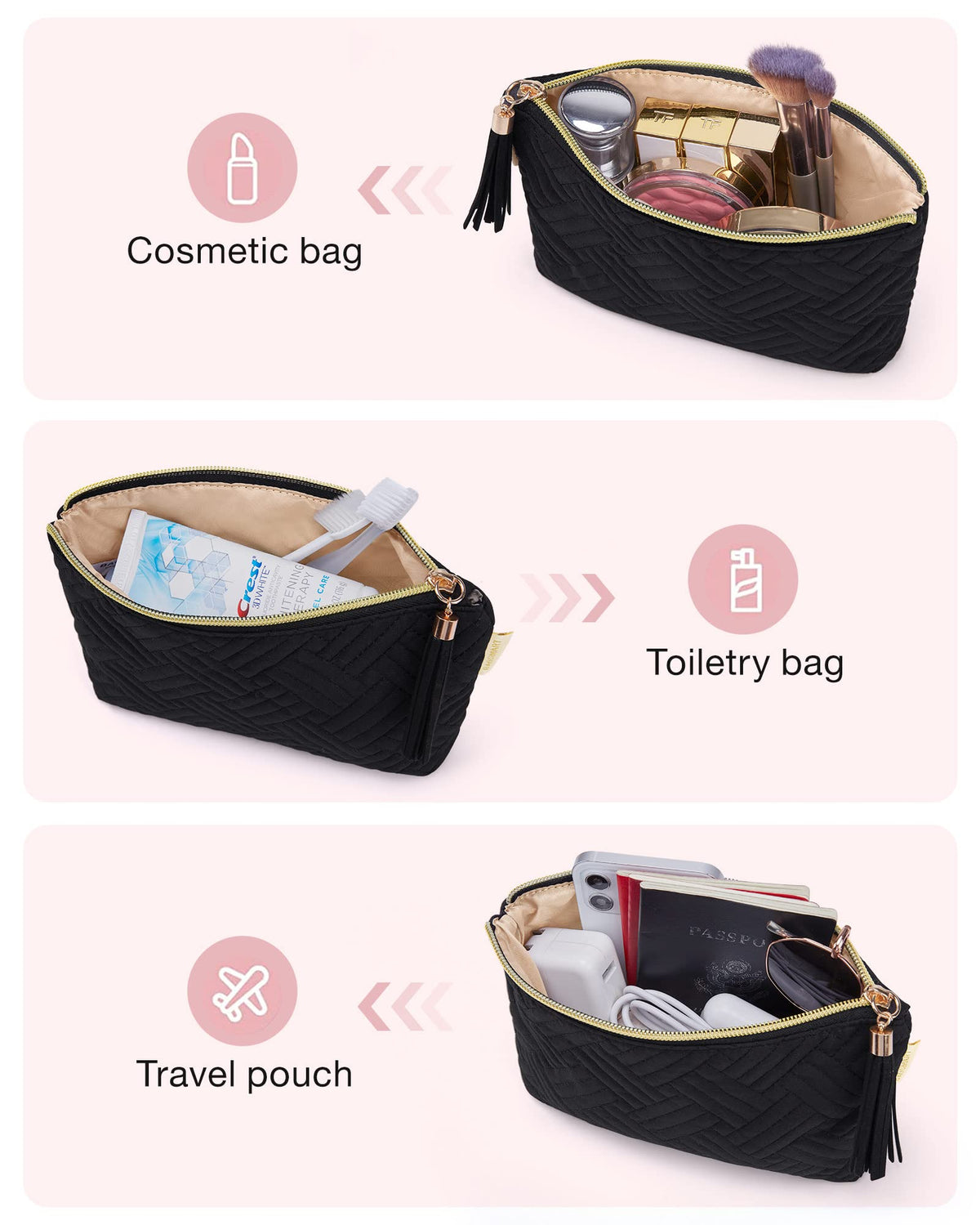 Trousse de maquillage BAGSMART utilisée pour ranger des accessoires technologiques