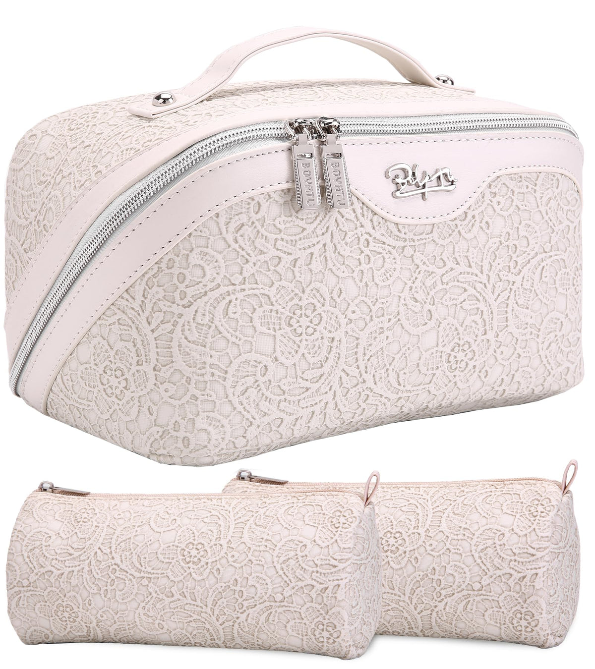 Trousse de maquillage BOYATU blanche avec design floral vue de face