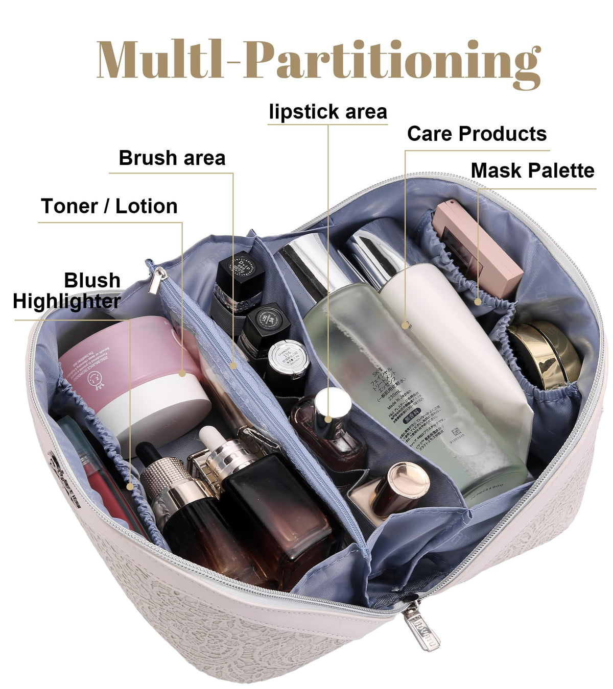 Trousse de maquillage BOYATU ouverte montrant l'intérieur spacieux