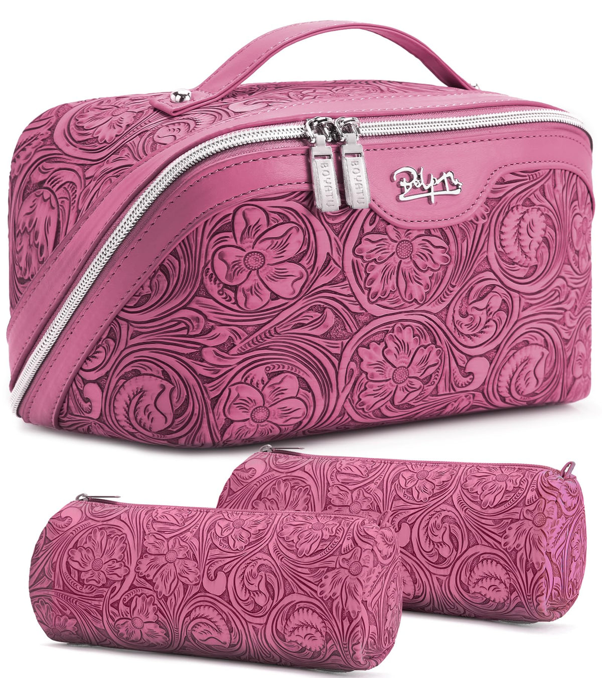 Trousse de maquillage BOYATU rouge vue de face avec design floral