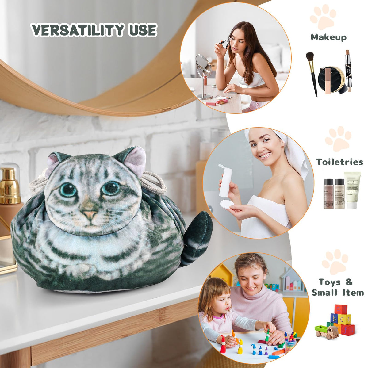 Trousse de maquillage chat grise avec jouets