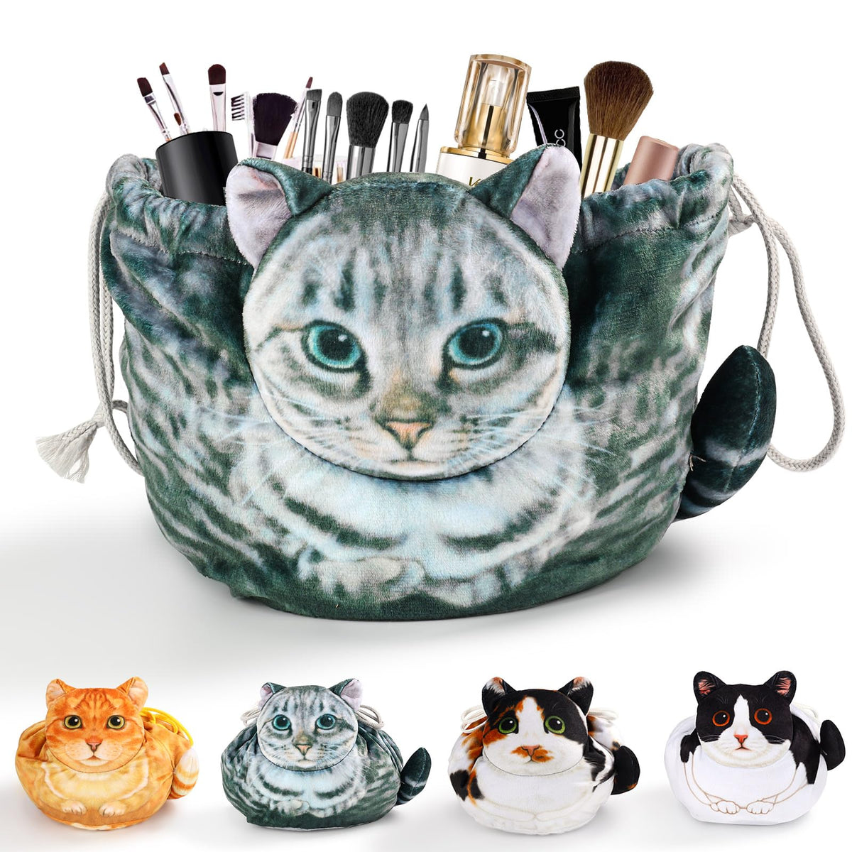 Trousse de maquillage chat grise vue de face