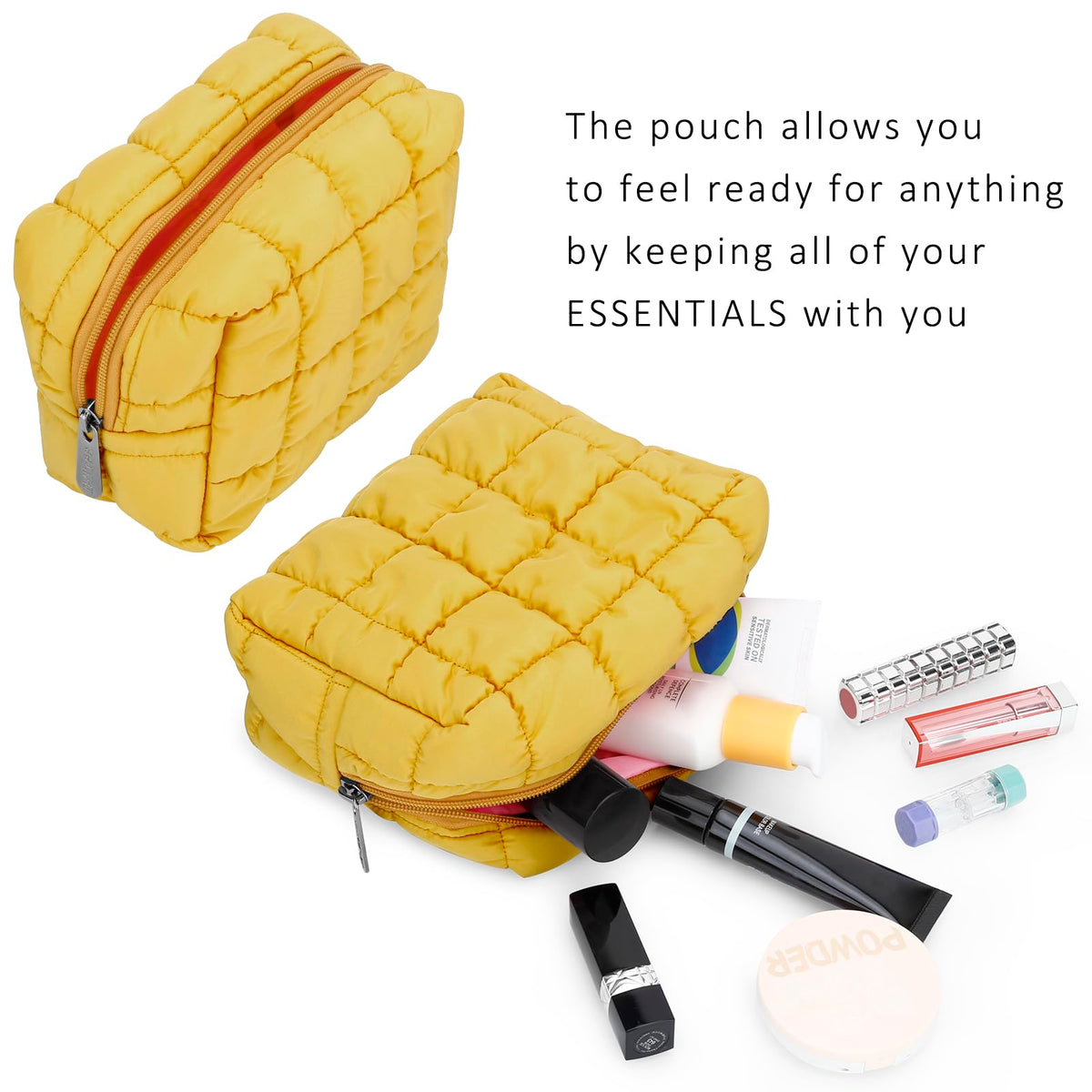 Trousse de maquillage E-Tree jaune à côté d'autres accessoires de beauté