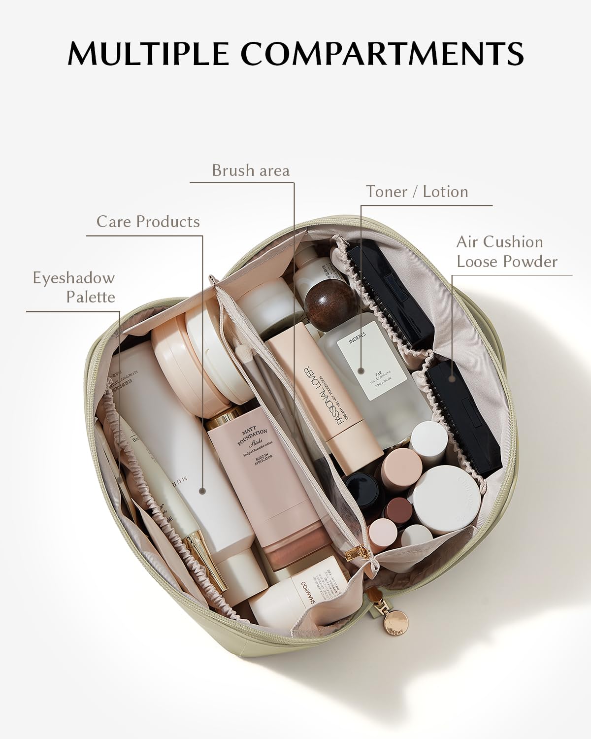 Trousse de maquillage EACHY ouverte montrant les cosmétiques à l'intérieur