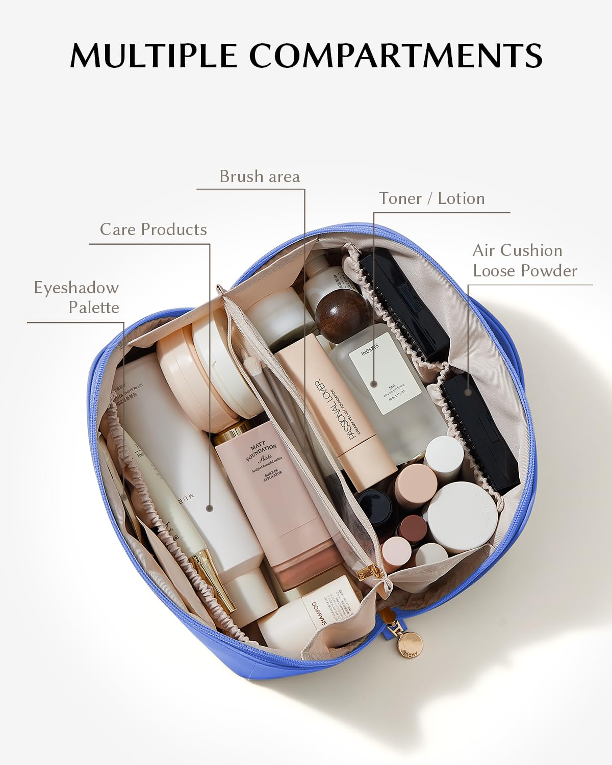 Trousse de maquillage EACHY ouverte montrant les poches intérieures