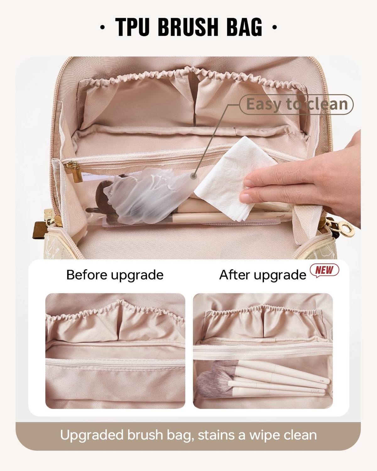 Trousse de maquillage EACHY ouverte montrant les poches latérales