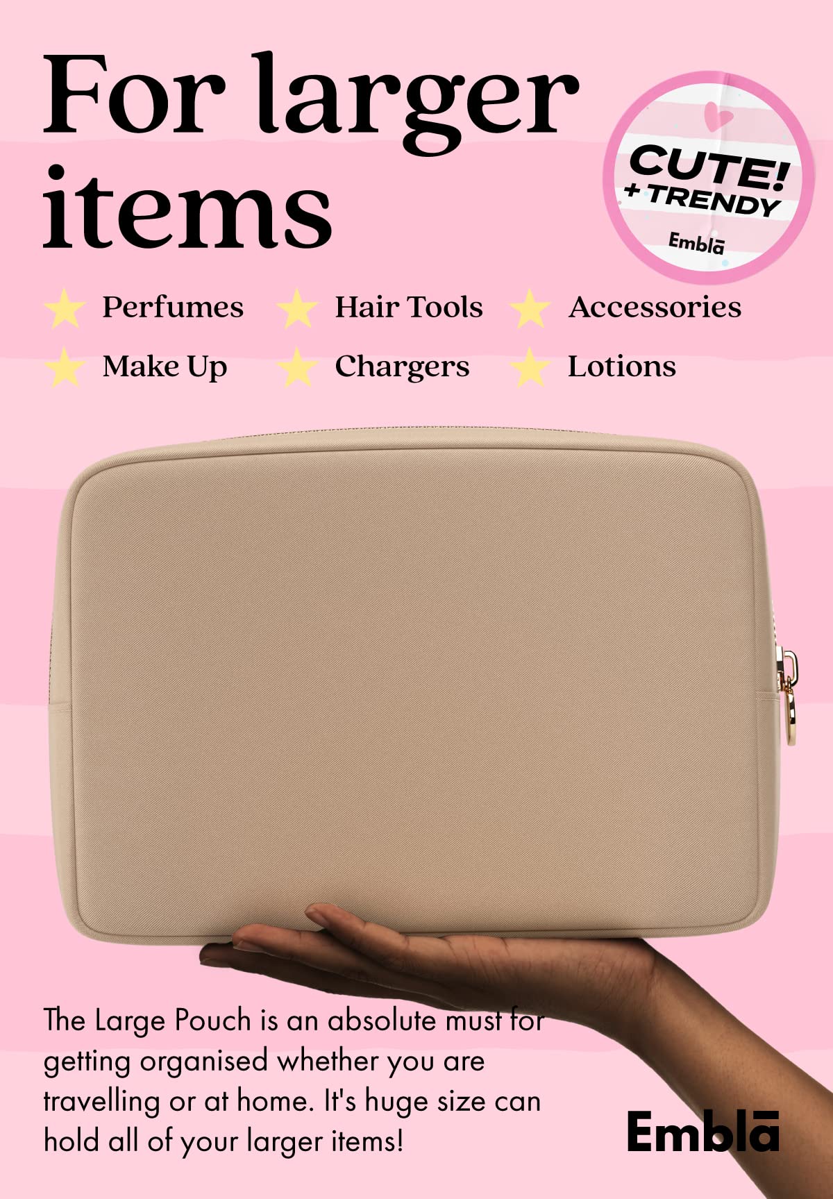 Trousse de maquillage Embla ouverte avec cosmétiques à l'intérieur