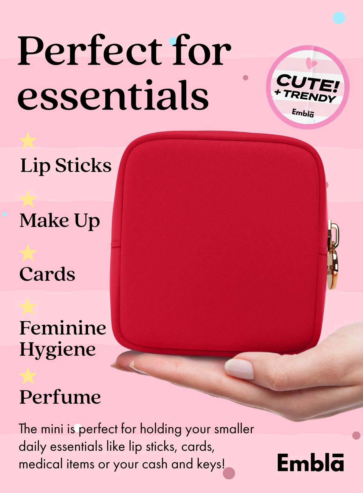 Trousse de maquillage Embla rouge rubis ouverte avec cosmétiques