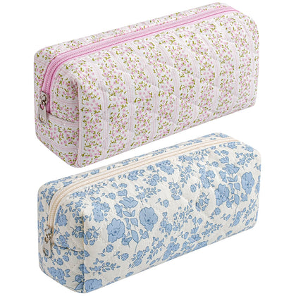 Trousse de maquillage HHQQWZ en coton floral rose et bleu vue de face