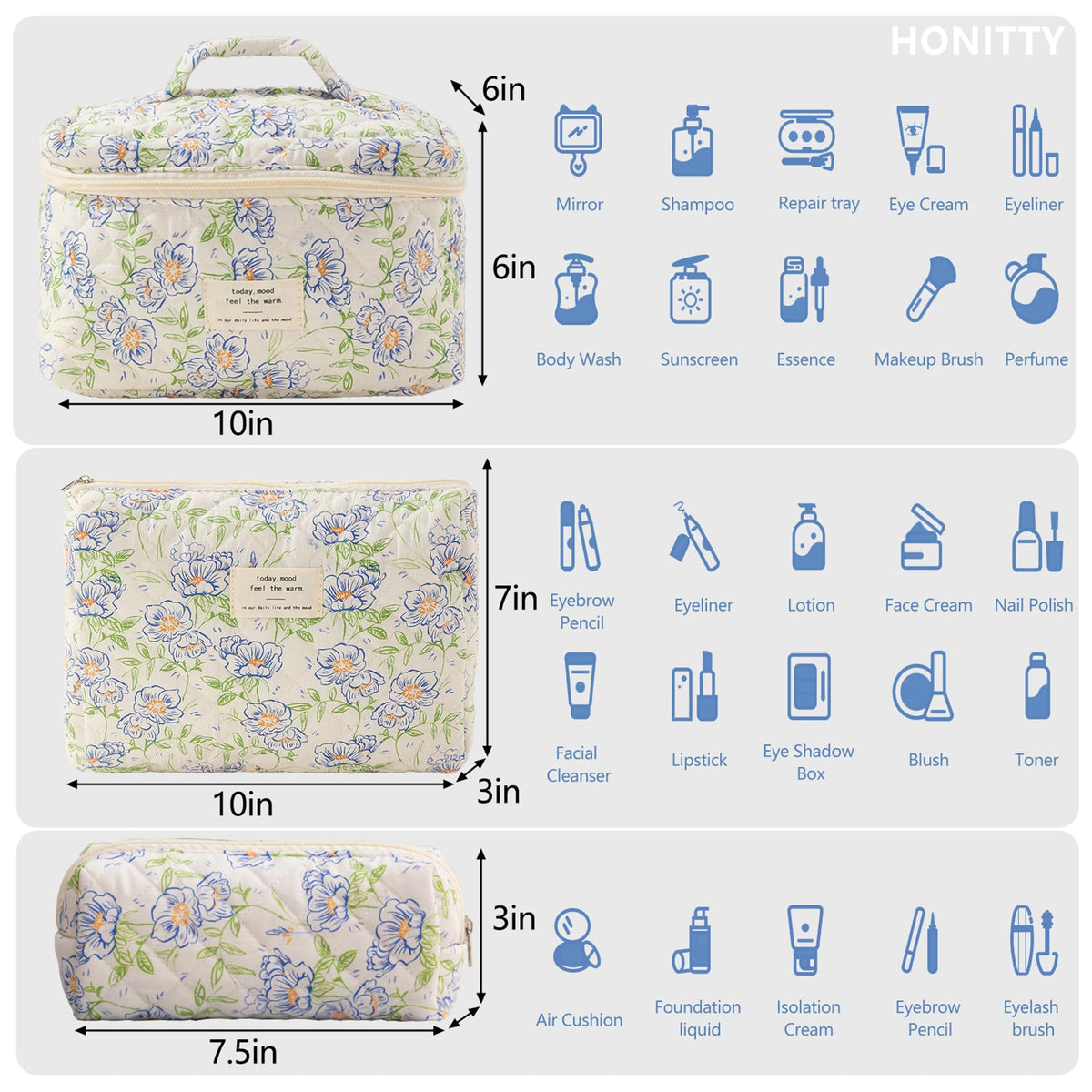 Trousse de maquillage honitty ouverte montrant trois tailles différentes