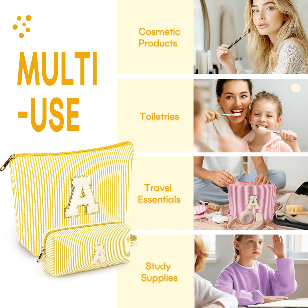 Trousse de maquillage jaune mibasies à côté de produits de beauté