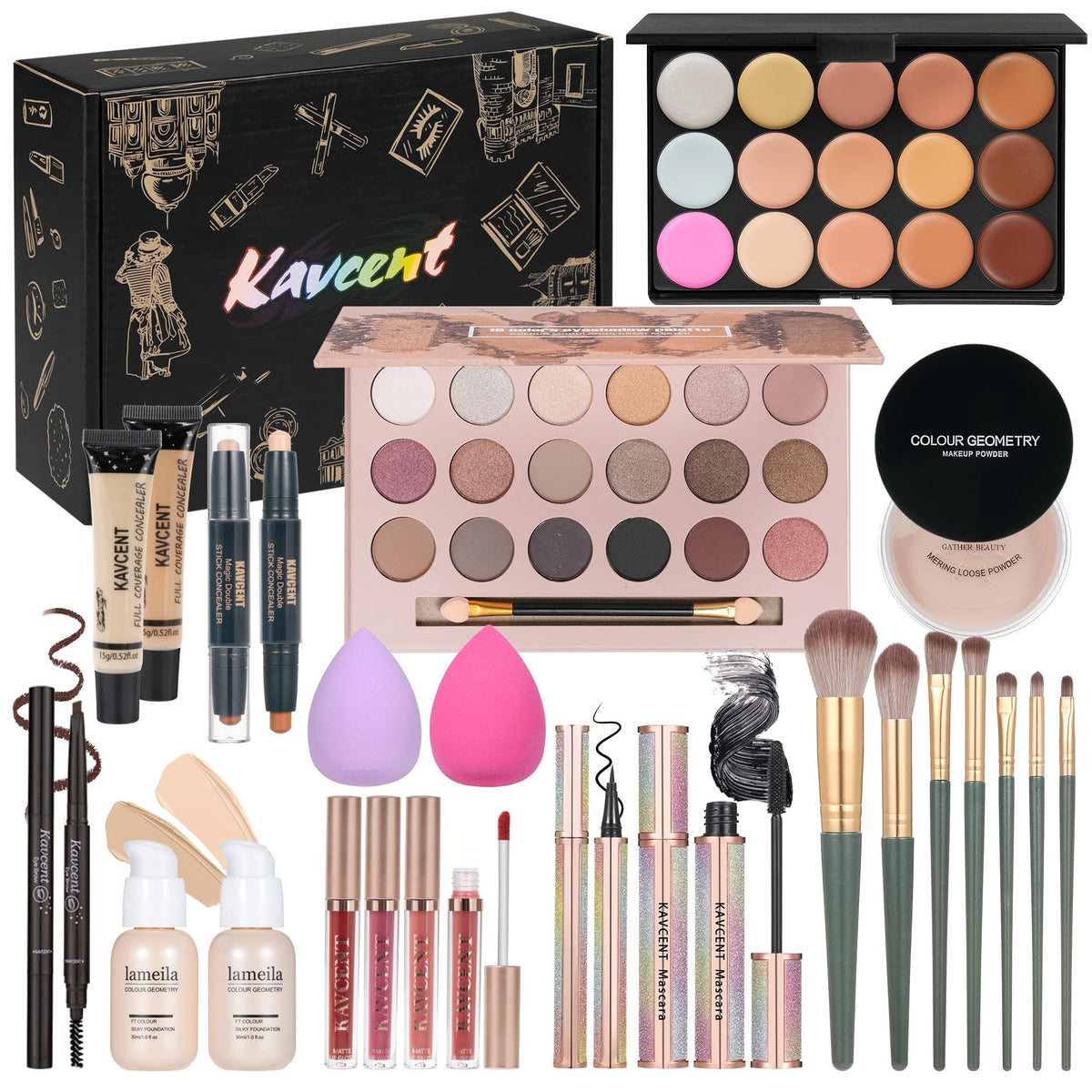 Trousse de maquillage KAVCENT avec palette de 18 couleurs, vue de face