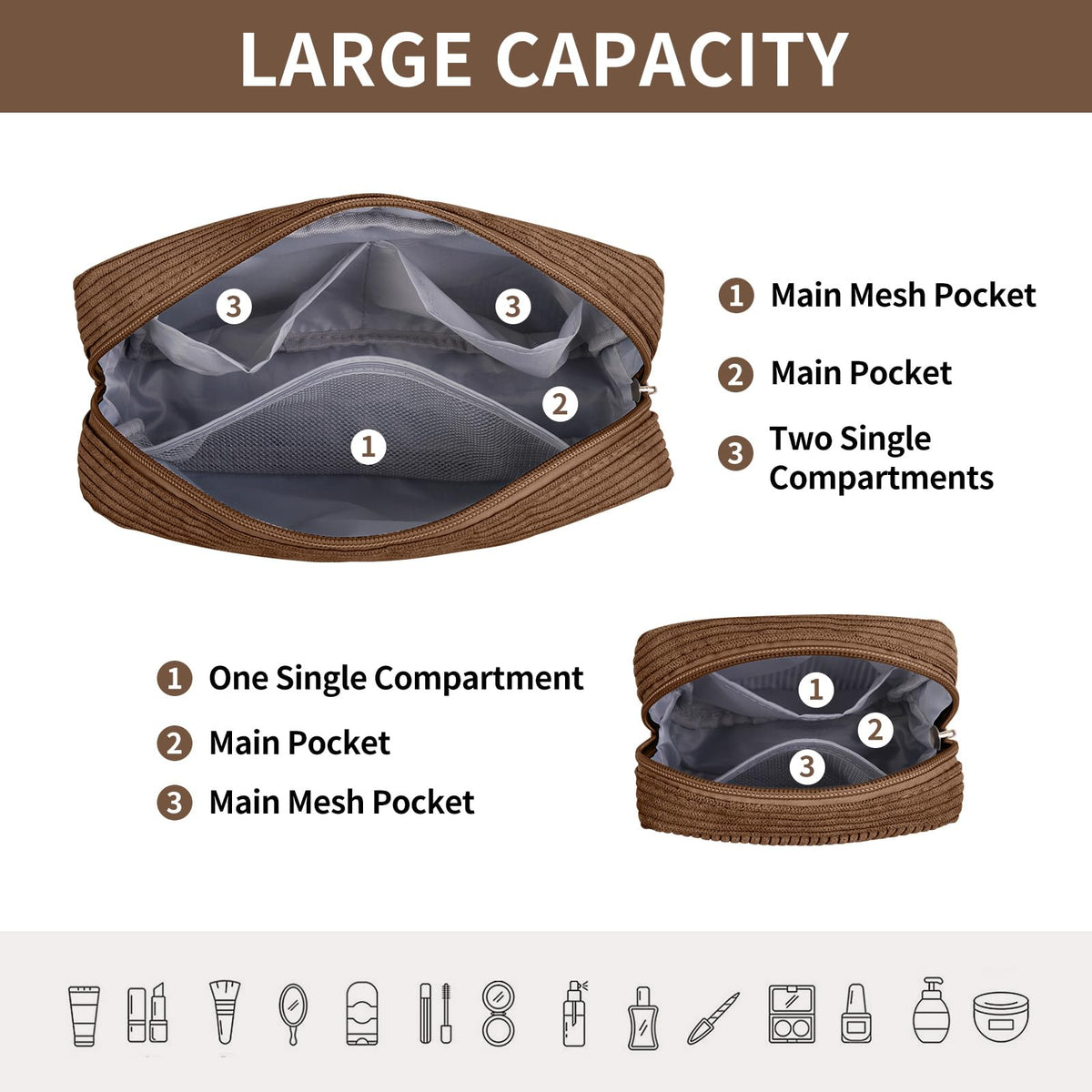 Trousse de maquillage MAGEFY en velours marron, en situation avec un sac à main