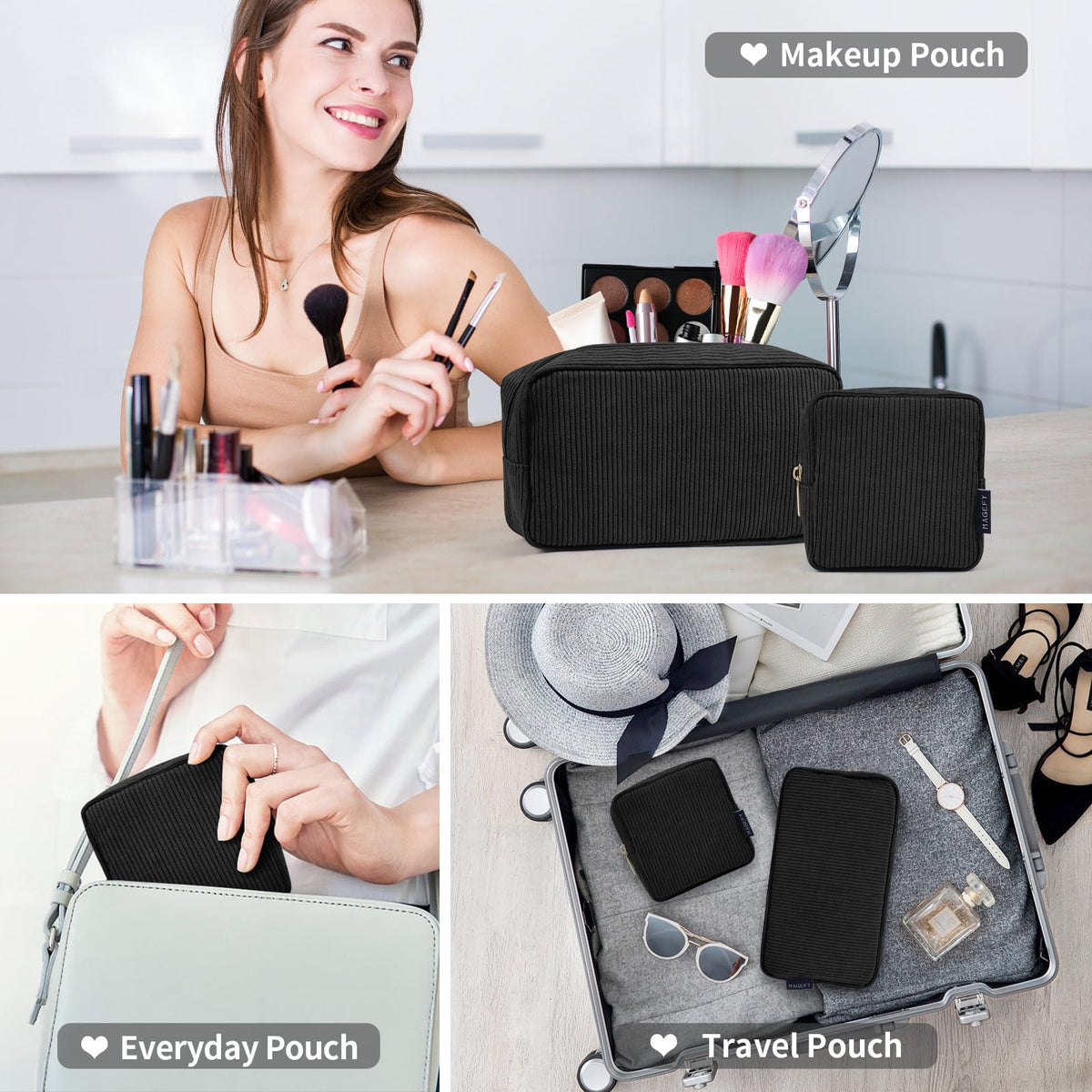 Trousse de maquillage MAGEFY noire, vue latérale avec accessoires de beauté