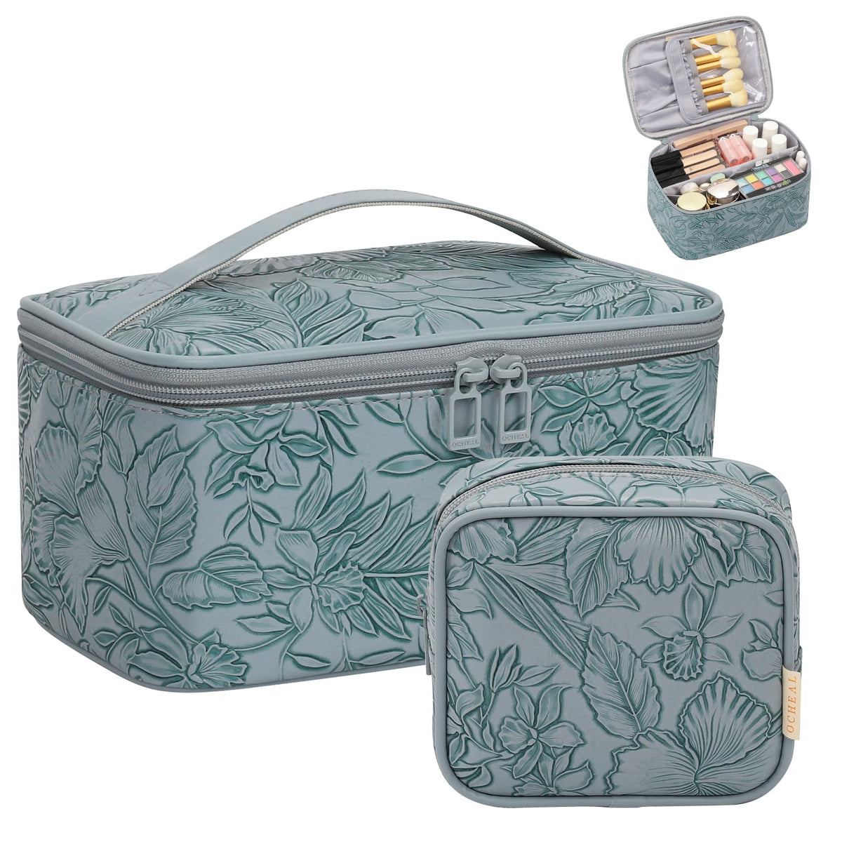 Trousse de maquillage OCHEAL grande en cuir PU bleu vue de face
