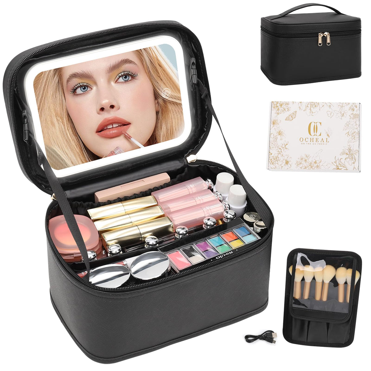 Trousse de maquillage OCHEAL noire avec miroir LED allumé