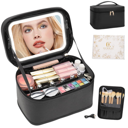 Trousse de maquillage OCHEAL noire avec miroir LED allumé