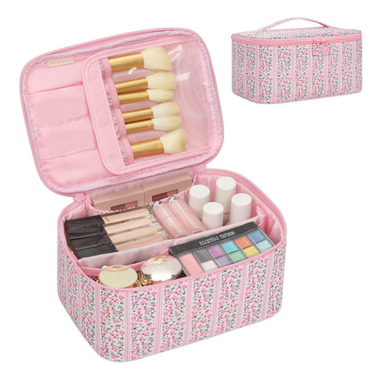 Trousse de maquillage OCHEAL rose florale vue de face avec compartiment pour pinceaux