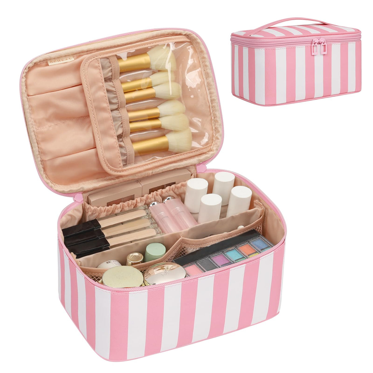Trousse de maquillage OCHEAL rose vue de face avec compartiment pour pinceaux