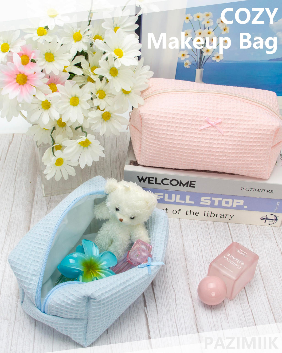 Trousse de maquillage PAZIMIIK en bleu waffle avec détails charmants