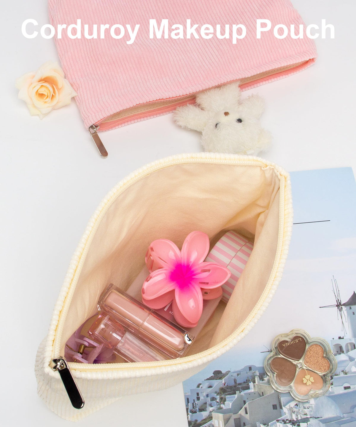 Trousse de maquillage PAZIMIIK en velours crème sur fond neutre