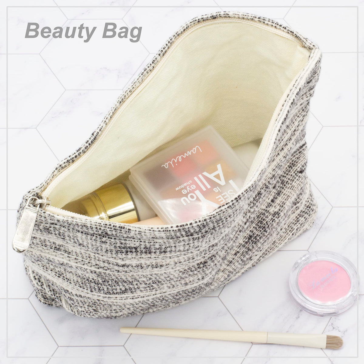 Trousse de maquillage PAZIMIIK gris ondulé ouverte avec cosmétiques