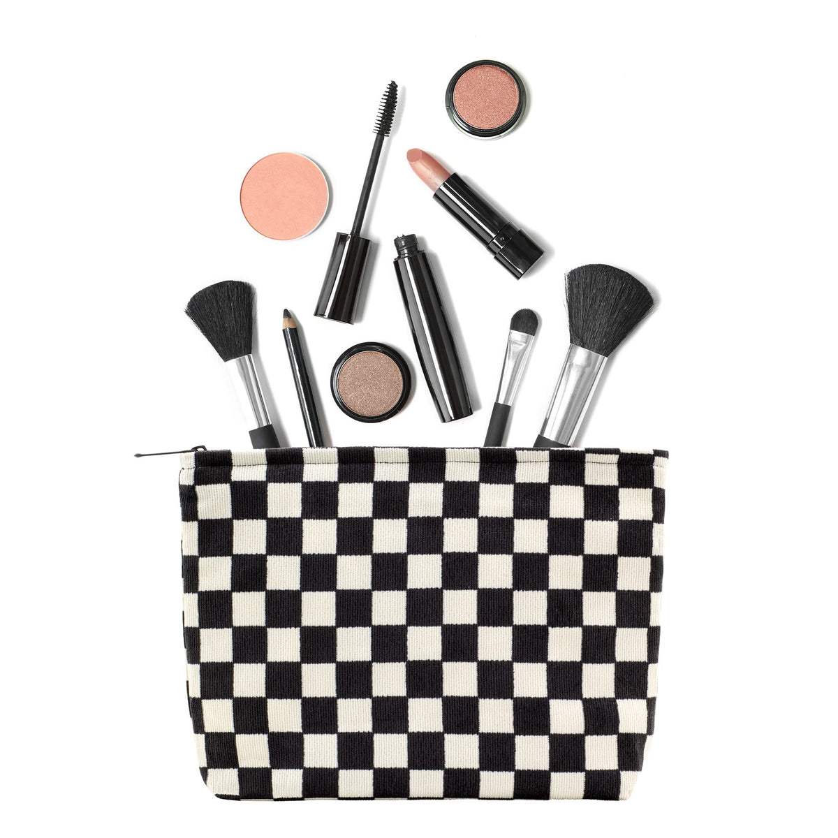 Trousse de maquillage PAZIMIIK noire à carreaux ouverte avec cosmétiques à l'intérieur