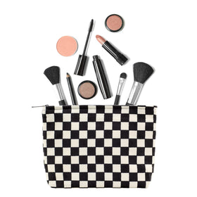 Trousse de maquillage PAZIMIIK noire à carreaux ouverte avec cosmétiques à l'intérieur